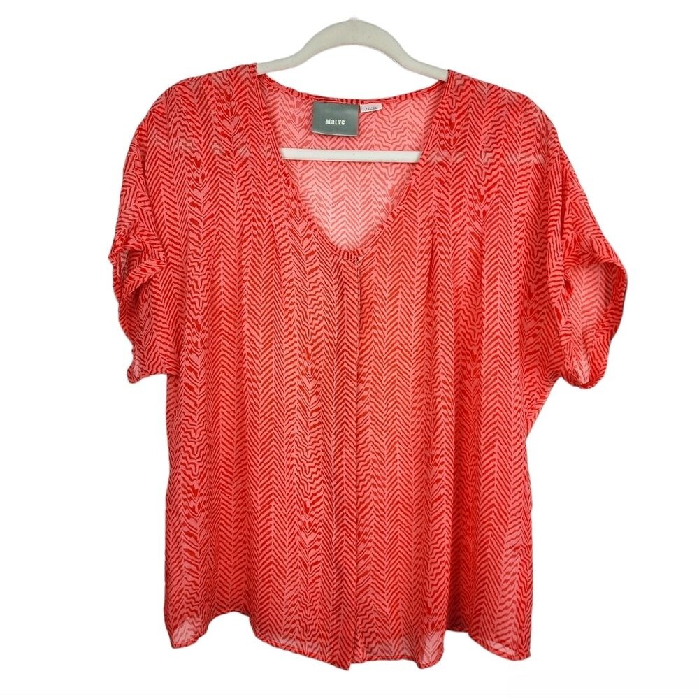 Anthropologie Maeve Silk Blouse M Coral Orange Chevron Print Short Sleeve Boho - Picture 3 of 15
